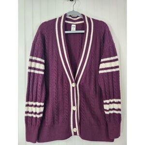 PINK Victoria's Secret Purple Cable Knit Varsity Striped Cardigan Sweater Large
